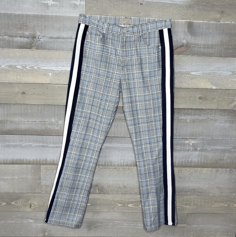 MOTHER The Insider Ankle Grey/Blue Wash Plaid Denim Slightly Flared Pants